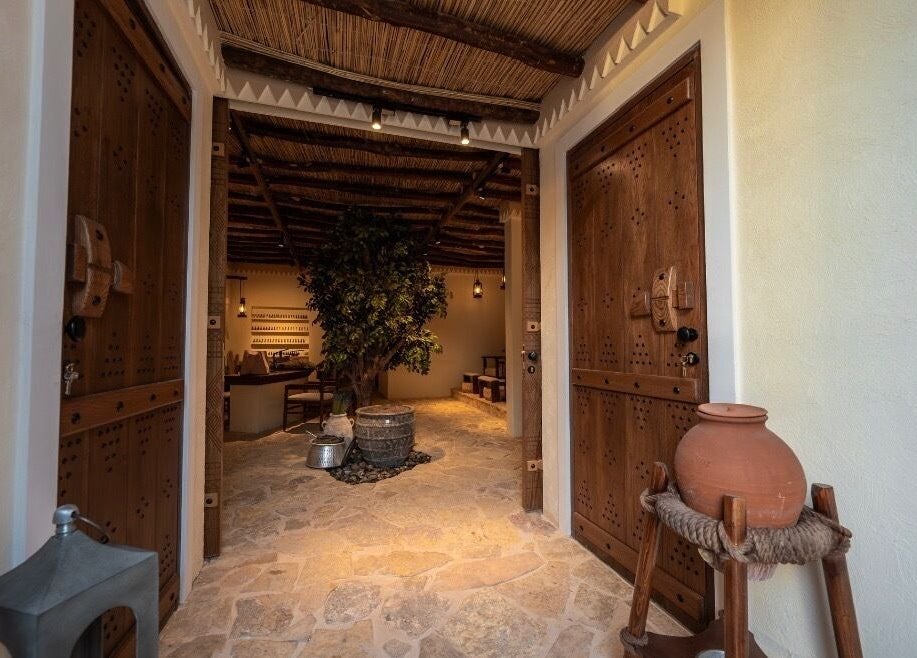 Entrance to Hisma Spa with rustic decor, Riyadh, Riyadh Province, SA.