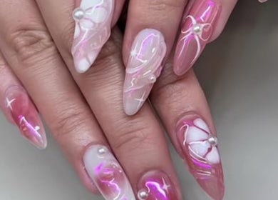 Elegant pink and white nail art with pearls at 22 Nail Bar, Richmond, British Columbia, CA.