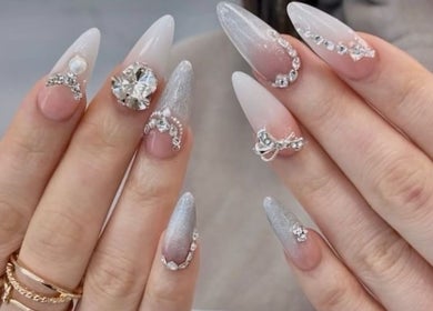 Stunning 3D rhinestone nail art at 22 Nail Bar, Richmond, British Columbia, CA.