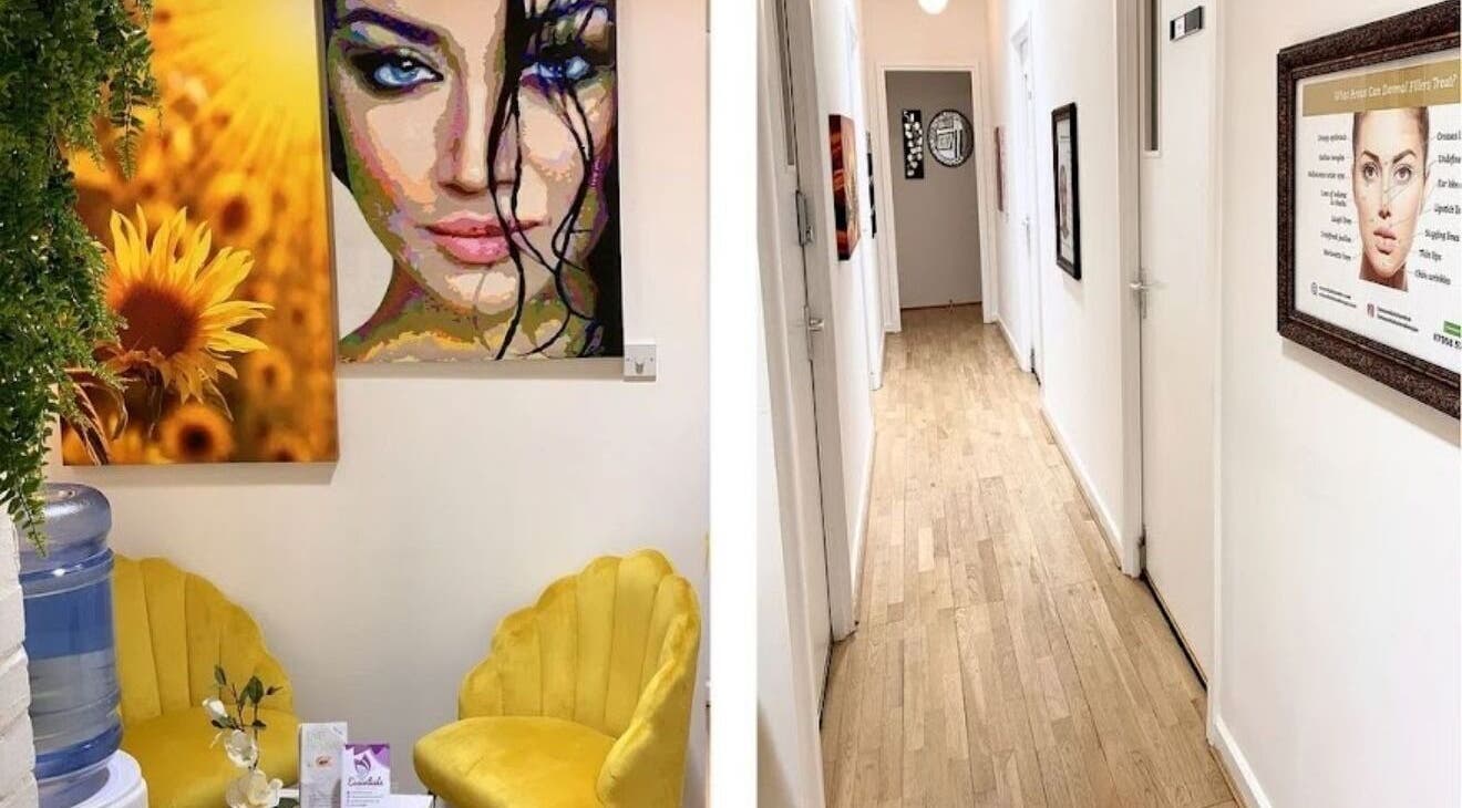 Welcoming interior at Essentials Aesthetic Clinic, London, England, GB with vibrant artwork and cozy seating.