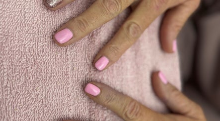 Close-up of pastel pink manicure at Holly Chantelle Beauty, Newton Abbot, England, GB.
