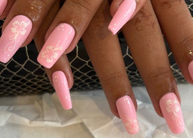 Beautiful pink floral nails designed at Nails by Emma, Swanage, England, GB.