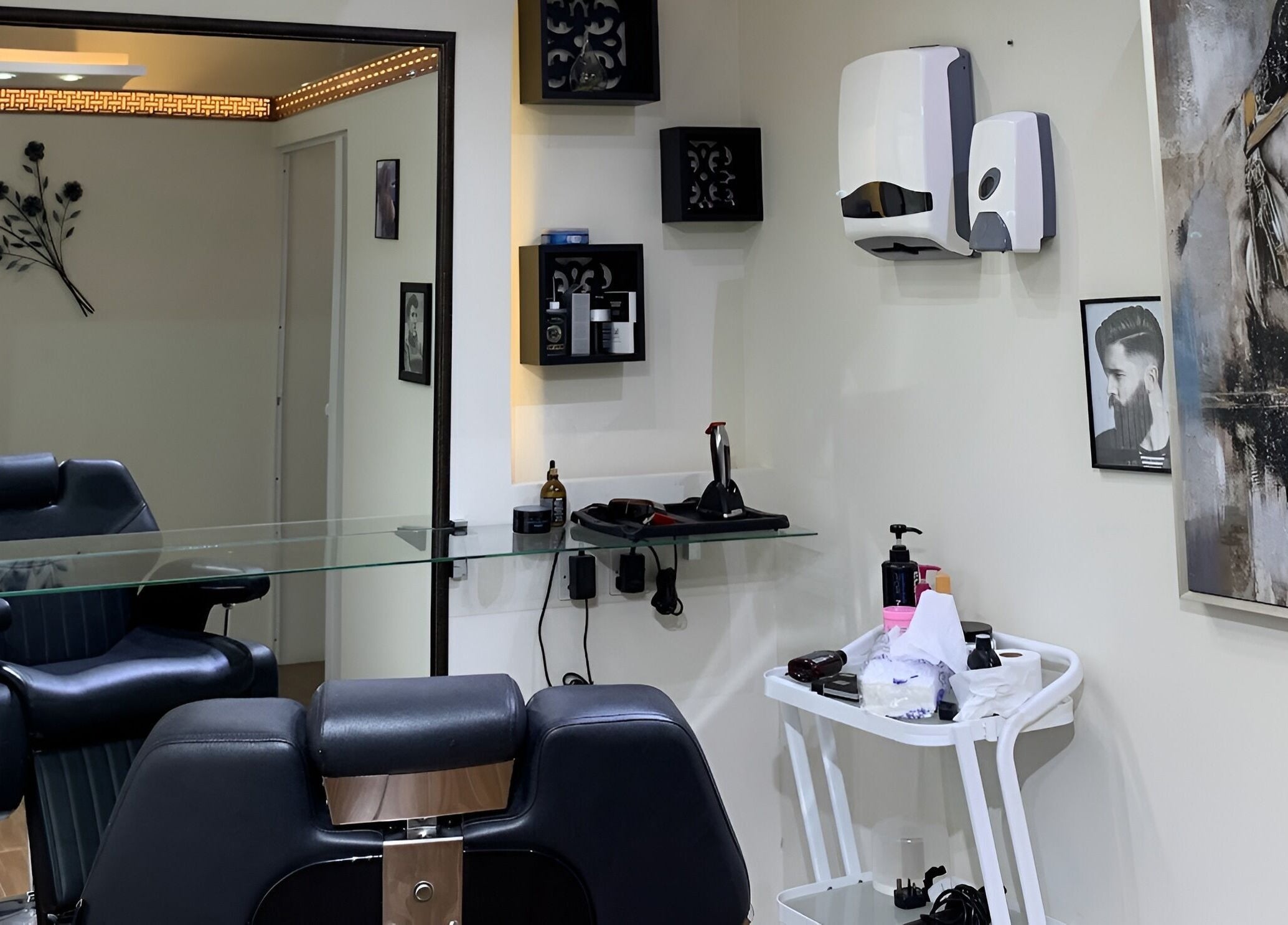Elegant grooming station at Mr Spa, Muscat, Muscat Governorate, OM, showcasing modern barber chair and decor.