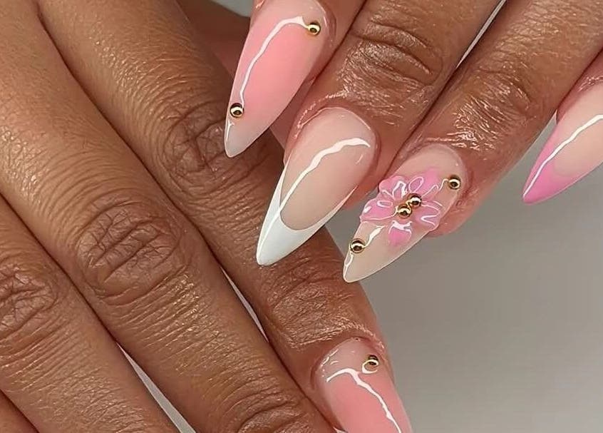 Chic pink and white nail art with floral design at Nenebeauty bar, Centurion, Gauteng, ZA.