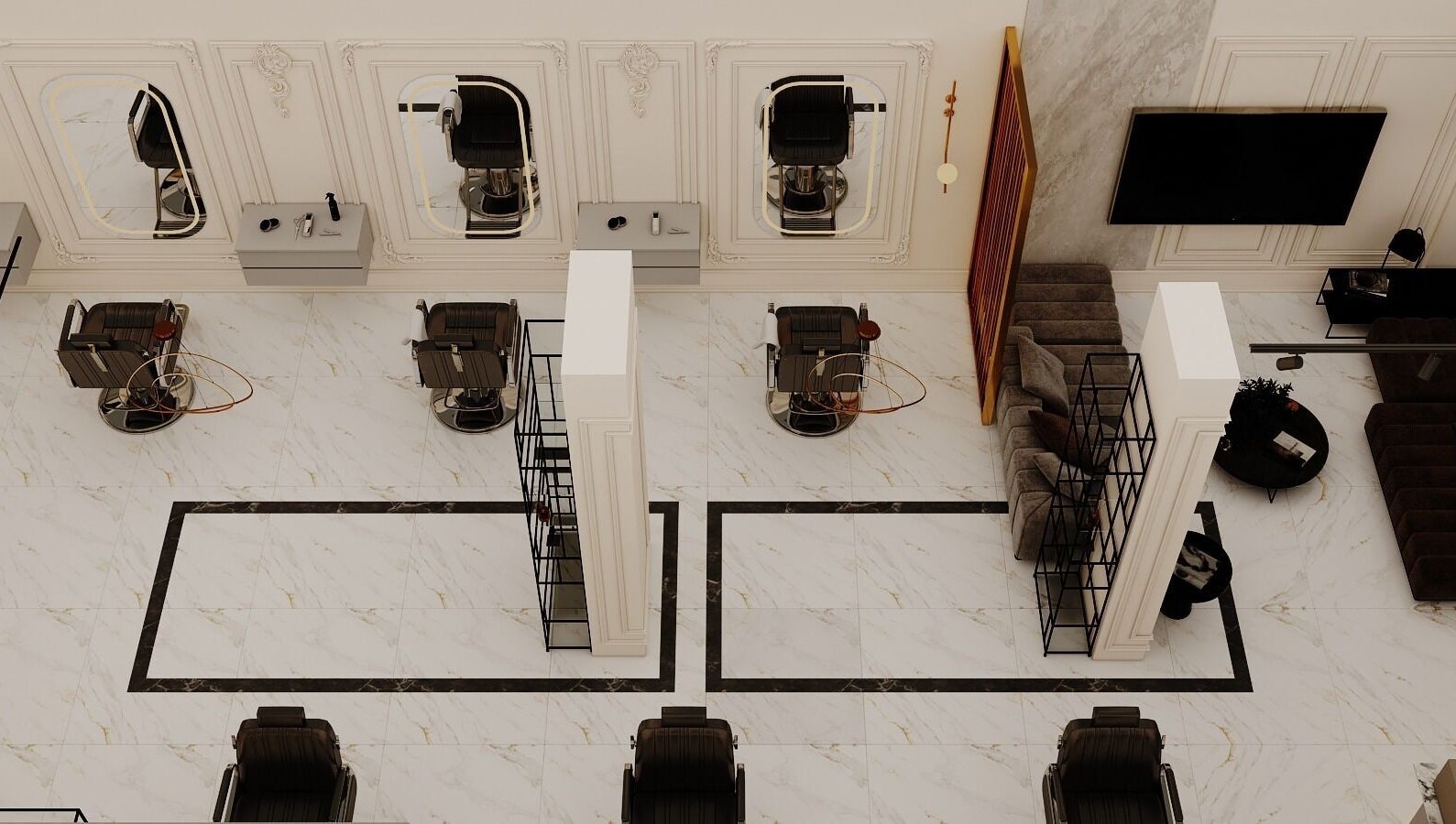 Luxurious salon interior at Grand Saloon in Amman, JO featuring stylish chairs and marble flooring.