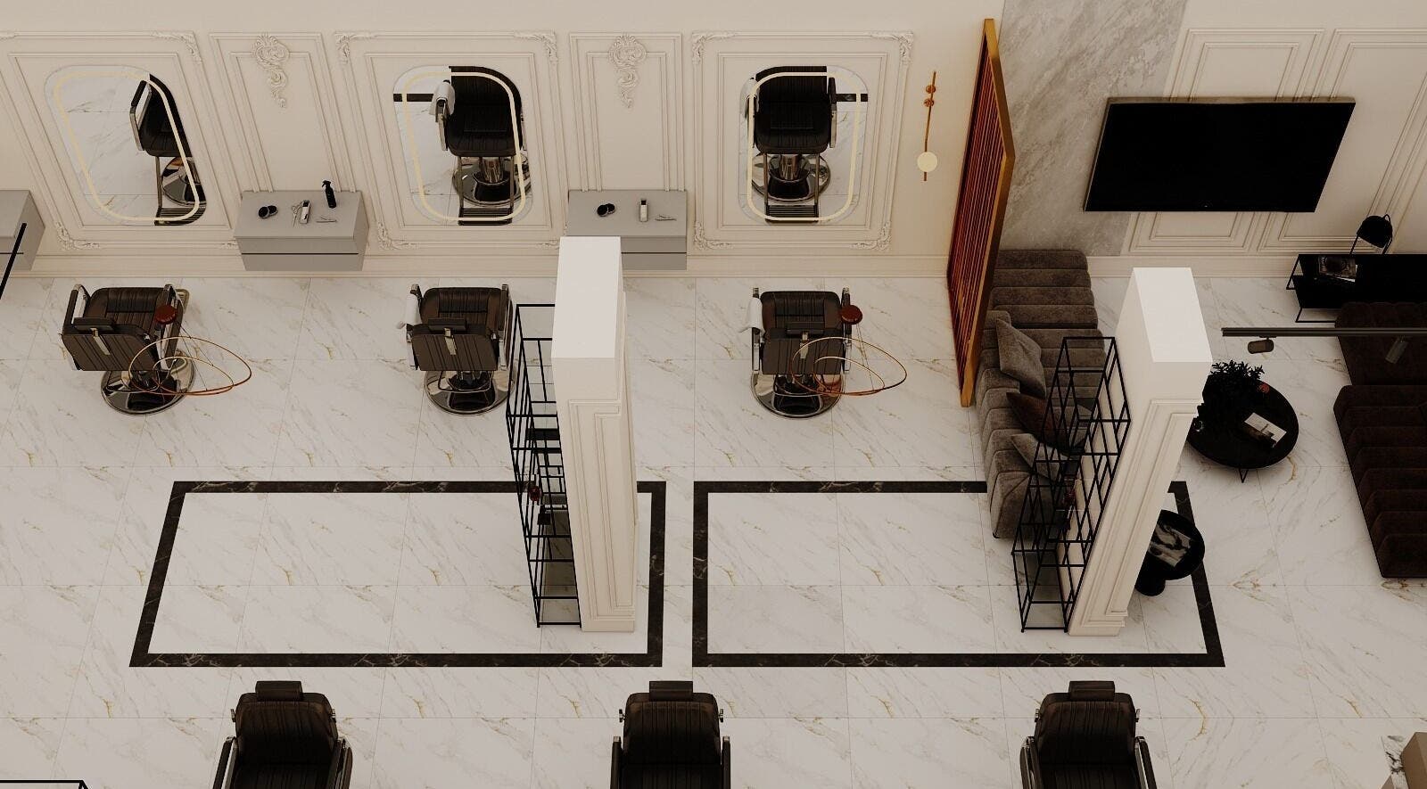 Luxurious salon interior at Grand Saloon in Amman, JO featuring stylish chairs and marble flooring.