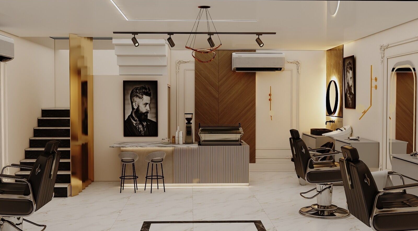 Interior of Grand Saloon in Amman, JO showing stylish chairs and sleek decor.