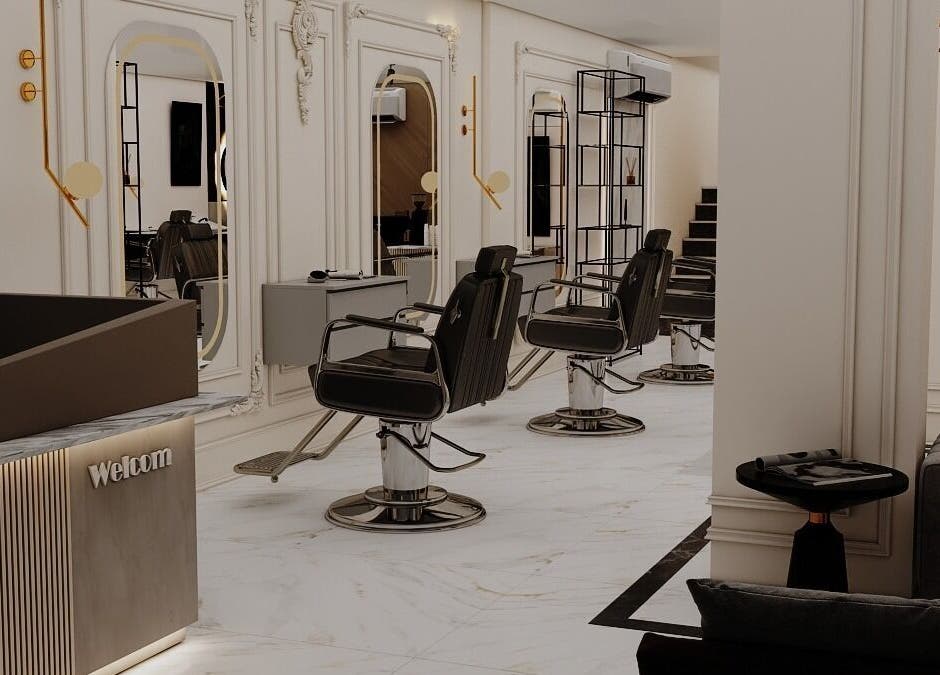 Luxurious interior of Grand Saloon, Amman, JO, featuring stylish salon chairs and ornate mirrors.