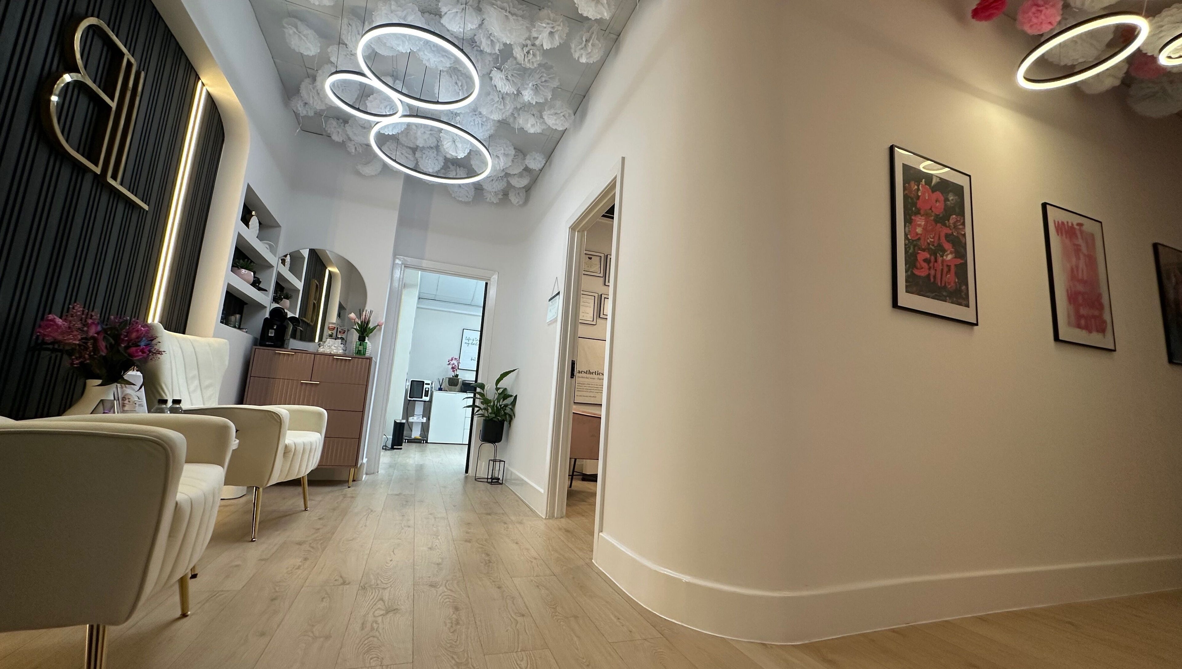 Modern interior of Êlevê Aesthetics & Brow Lab by Anna Bury St Edmunds, featuring chic seating in Bury St Edmunds, England, GB.