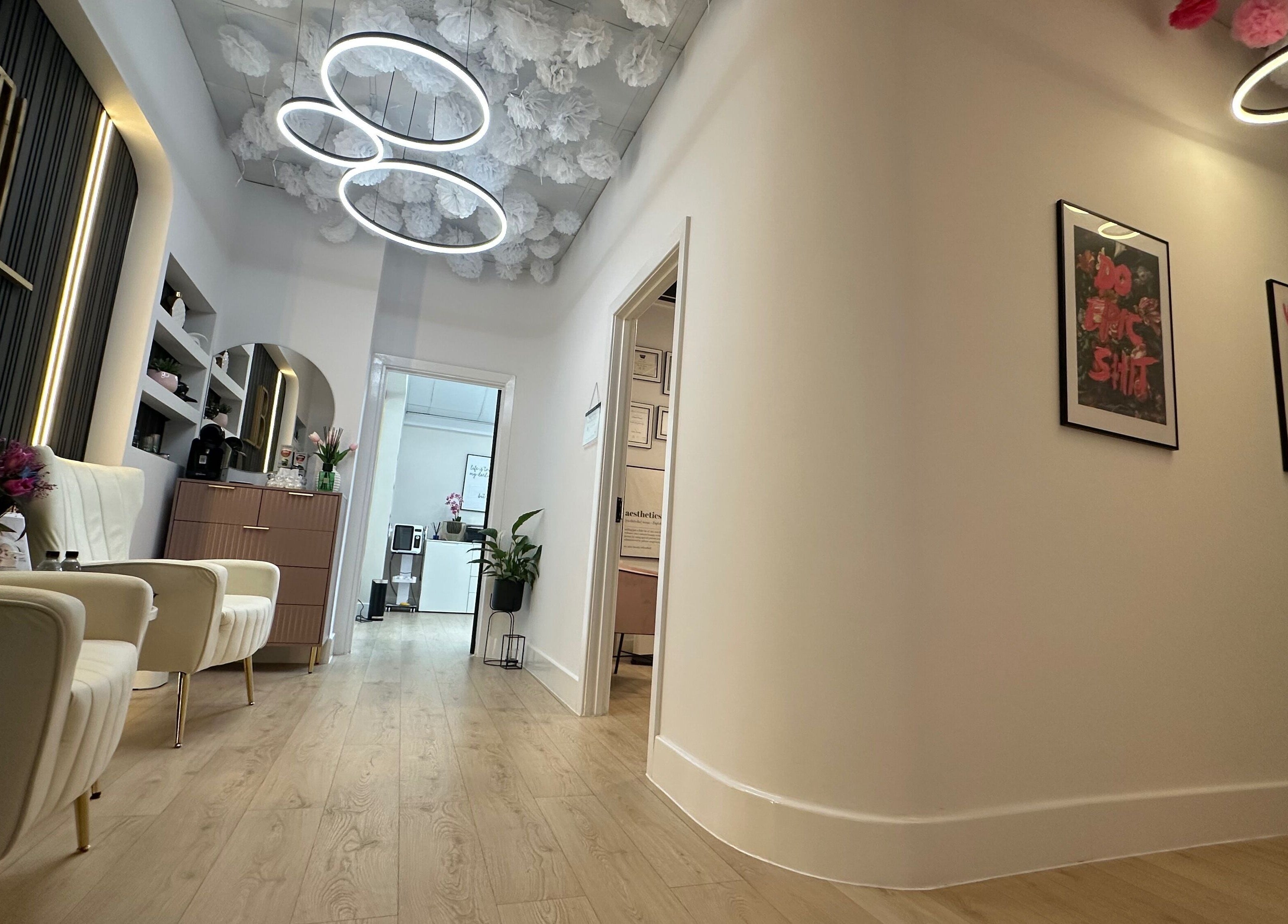 Modern interior of Êlevê Aesthetics & Brow Lab by Anna Bury St Edmunds, featuring chic seating in Bury St Edmunds, England, GB.