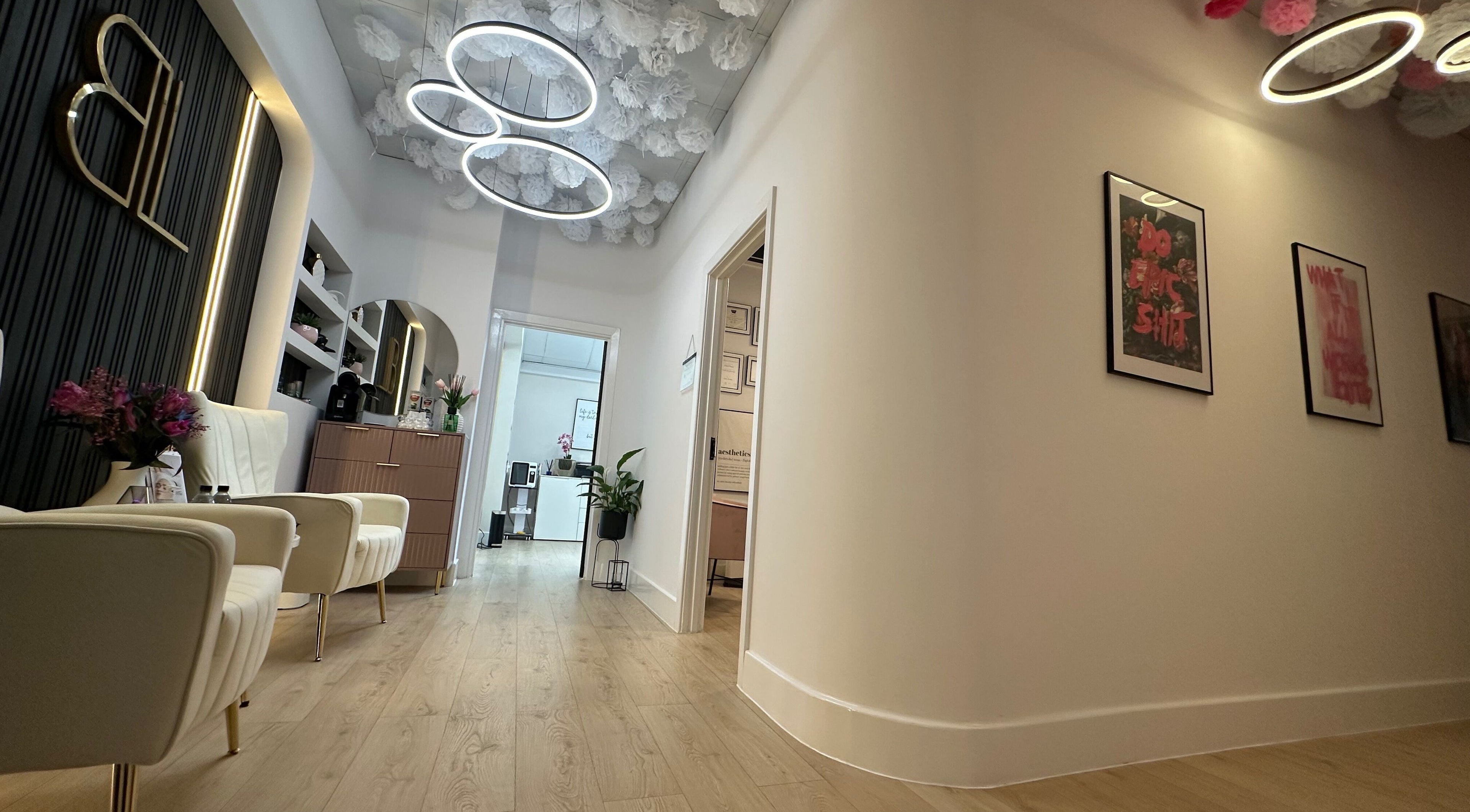 Modern interior of Êlevê Aesthetics & Brow Lab by Anna Bury St Edmunds, featuring chic seating in Bury St Edmunds, England, GB.