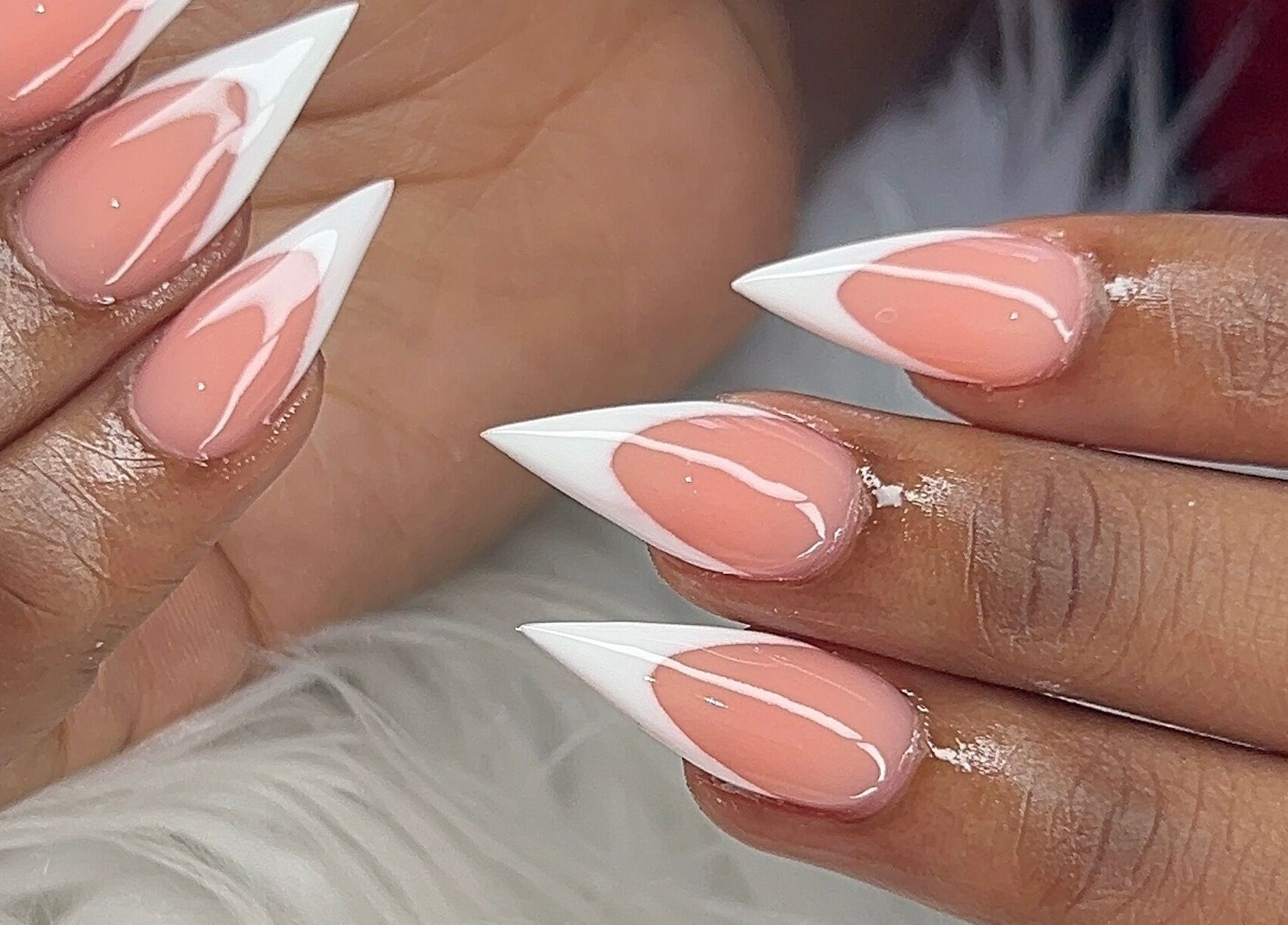 Stylish almond-shaped nails with glossy pink and white design at Poly_ by_Blitz, Bridgetown, Saint Michael, BB.
