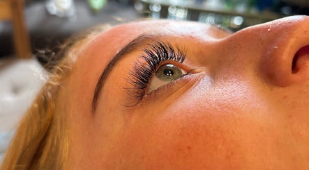 Close-up of styled eyelashes by Beauty By Emily May in Tibshelf, England, GB. Showcasing lush lash extensions.