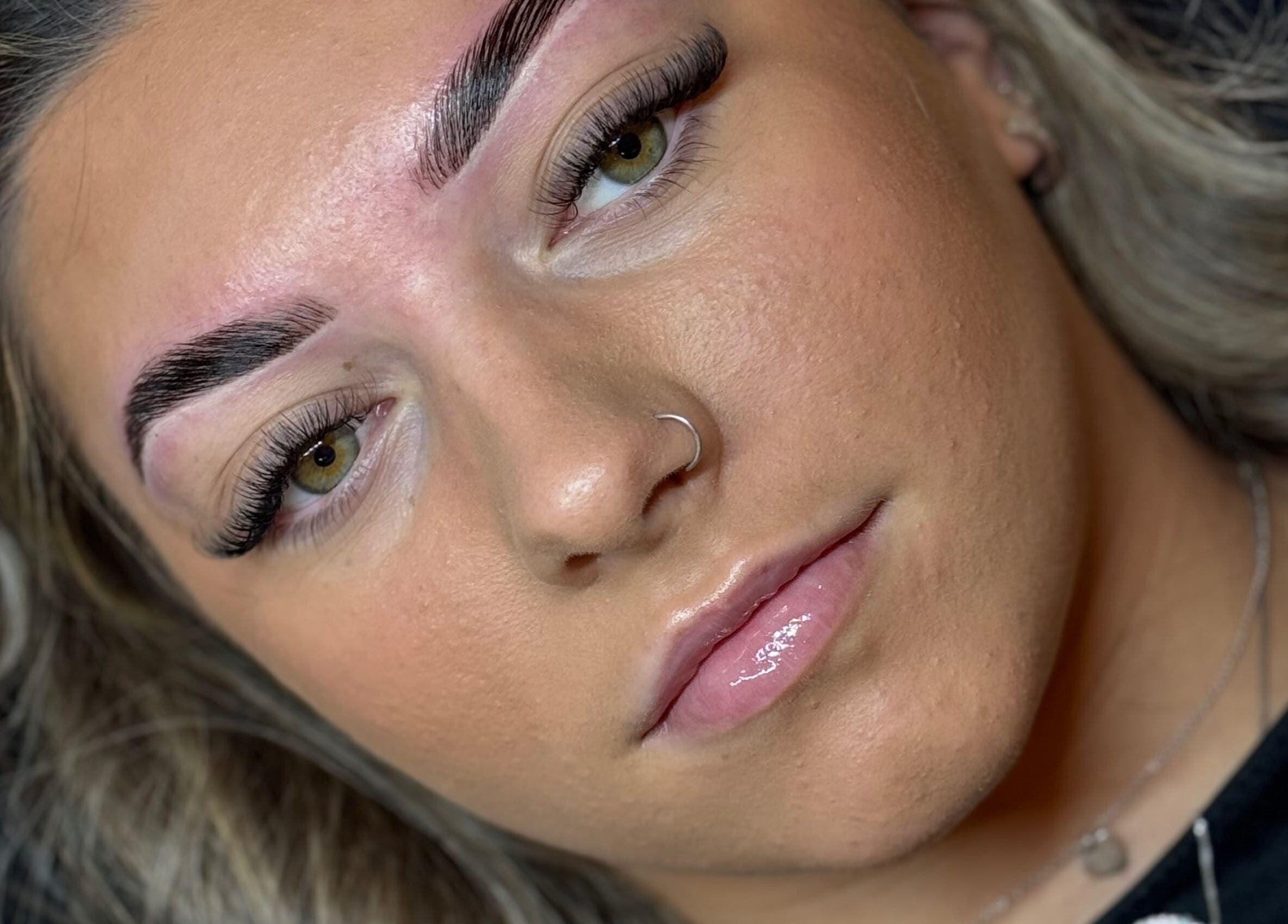 Close-up of styled brows and lashes at Daisy Lee Lashes and Brows in Bingley, England, GB.