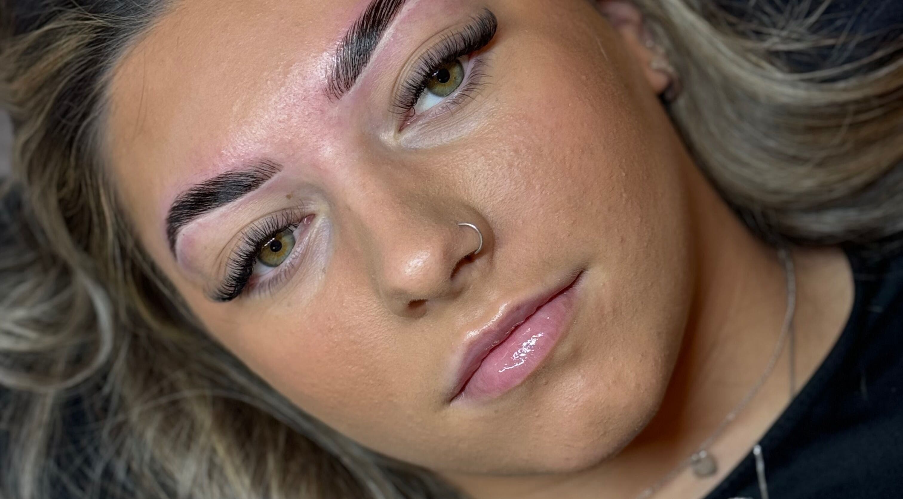 Close-up of styled brows and lashes at Daisy Lee Lashes and Brows in Bingley, England, GB.