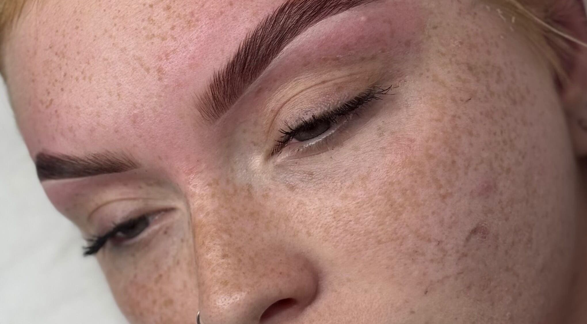 Close-up of expertly shaped eyebrows at Daisy Lee Lashes and Brows, Bingley, England, GB.