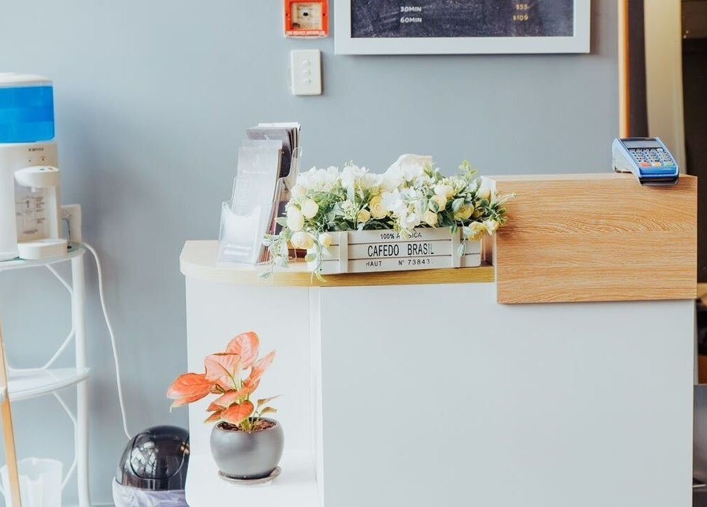 Welcoming floral reception area at JM's Massage in Auckland, Auckland, NZ.