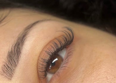 Close-up of enhanced eyelashes at Charli Louise Beauty, Oldland Common, England, GB.