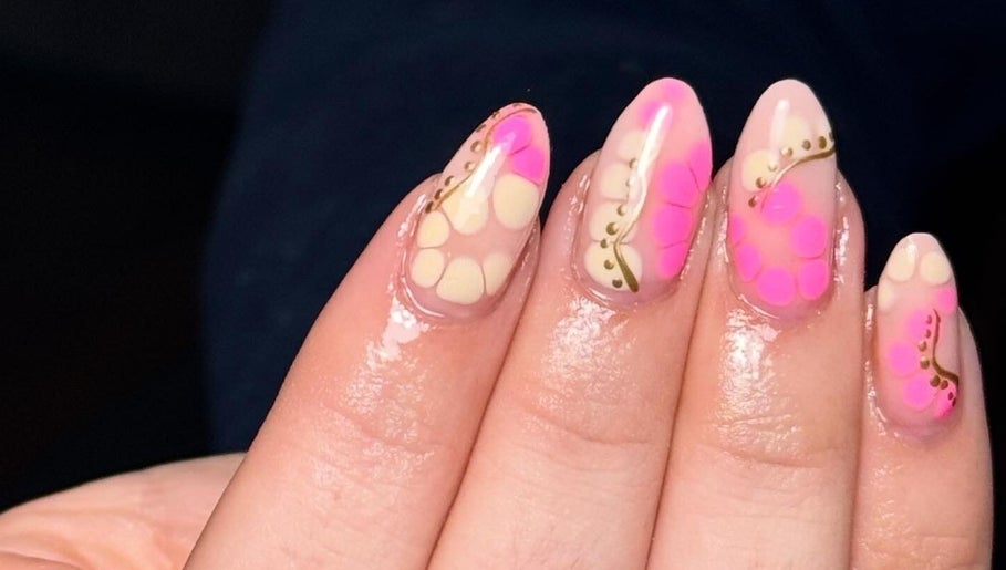 Stylish floral nail design at Beauty Bliss By Becca, Annan, Scotland, GB.