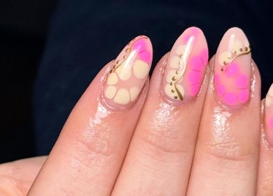Stylish floral nail design at Beauty Bliss By Becca, Annan, Scotland, GB.