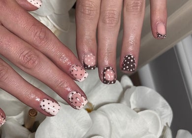Styled polka dot nails at Beauty Bliss By Becca, Annan, Scotland, GB for elegant nail art.