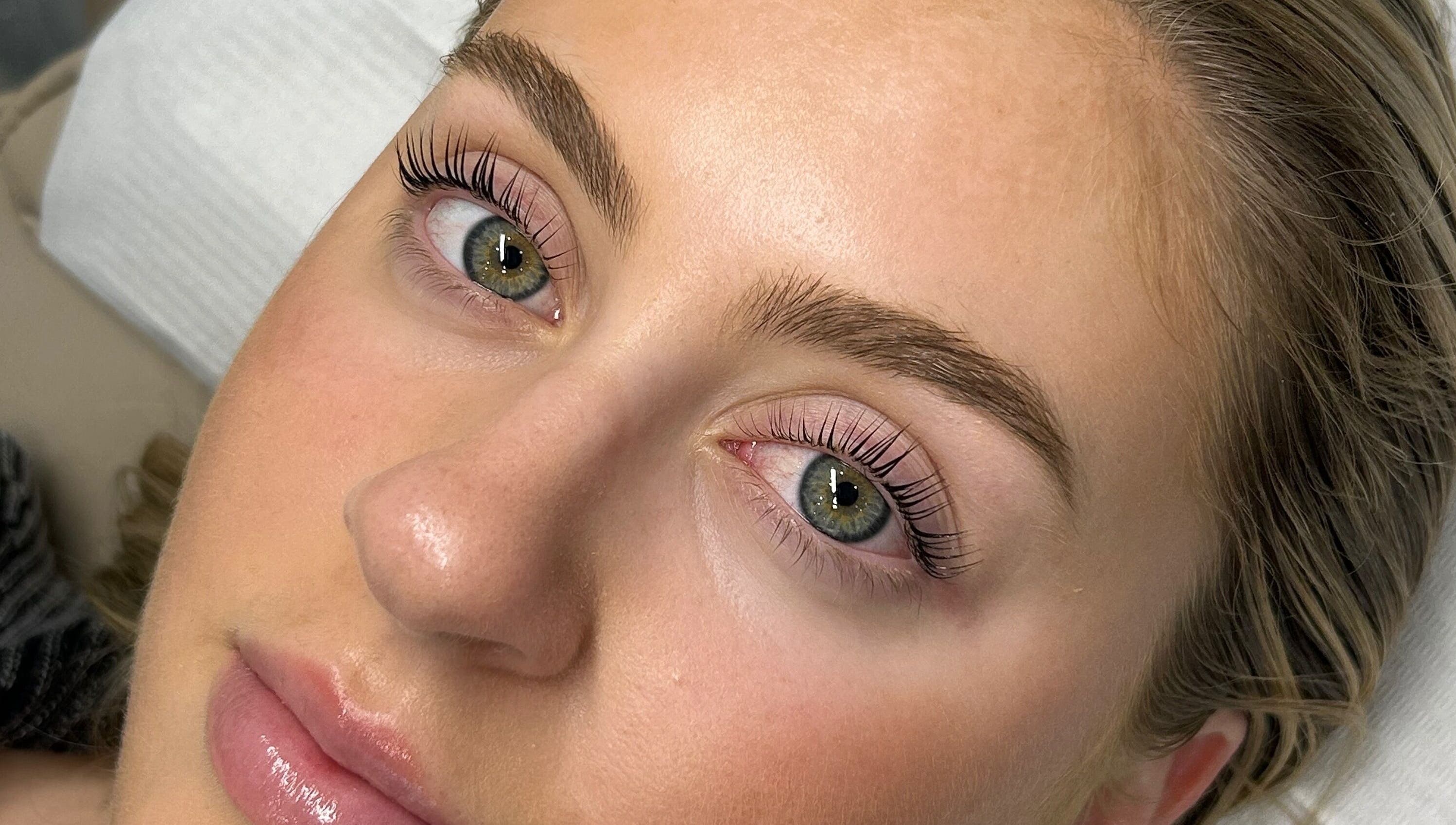 Close-up of a woman's enhanced lashes and brows at Charlotte J. Artistry, Brighton, South Australia, AU.