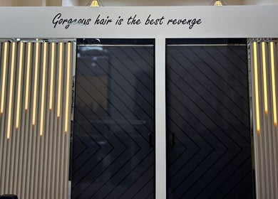 Beige Beauty Center's stylish entrance with chic lighting in Sharjah, Sharjah, AE.