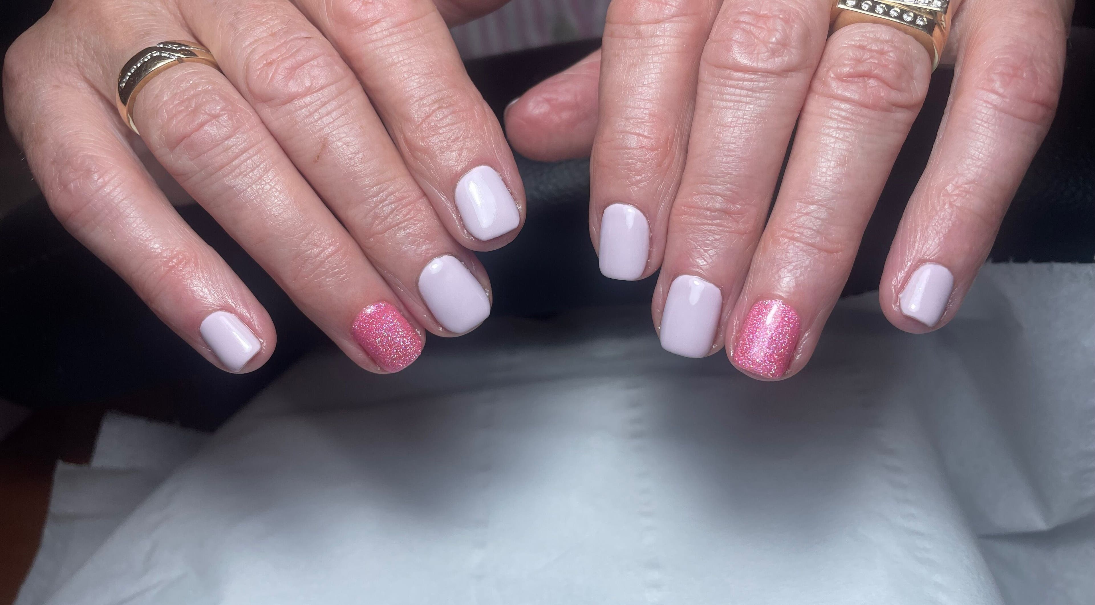Beautiful pink glitter manicure at Kate Logue Beauty, County Waterford, IE.