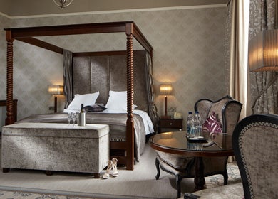 Elegant bedroom at Spa Sanctuary at Manor House Country Hotel, Enniskillen, Northern Ireland, GB.