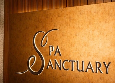 Elegant spa signage reading 'Spa Sanctuary' at Manor House Country Hotel in Enniskillen, Northern Ireland, GB.
