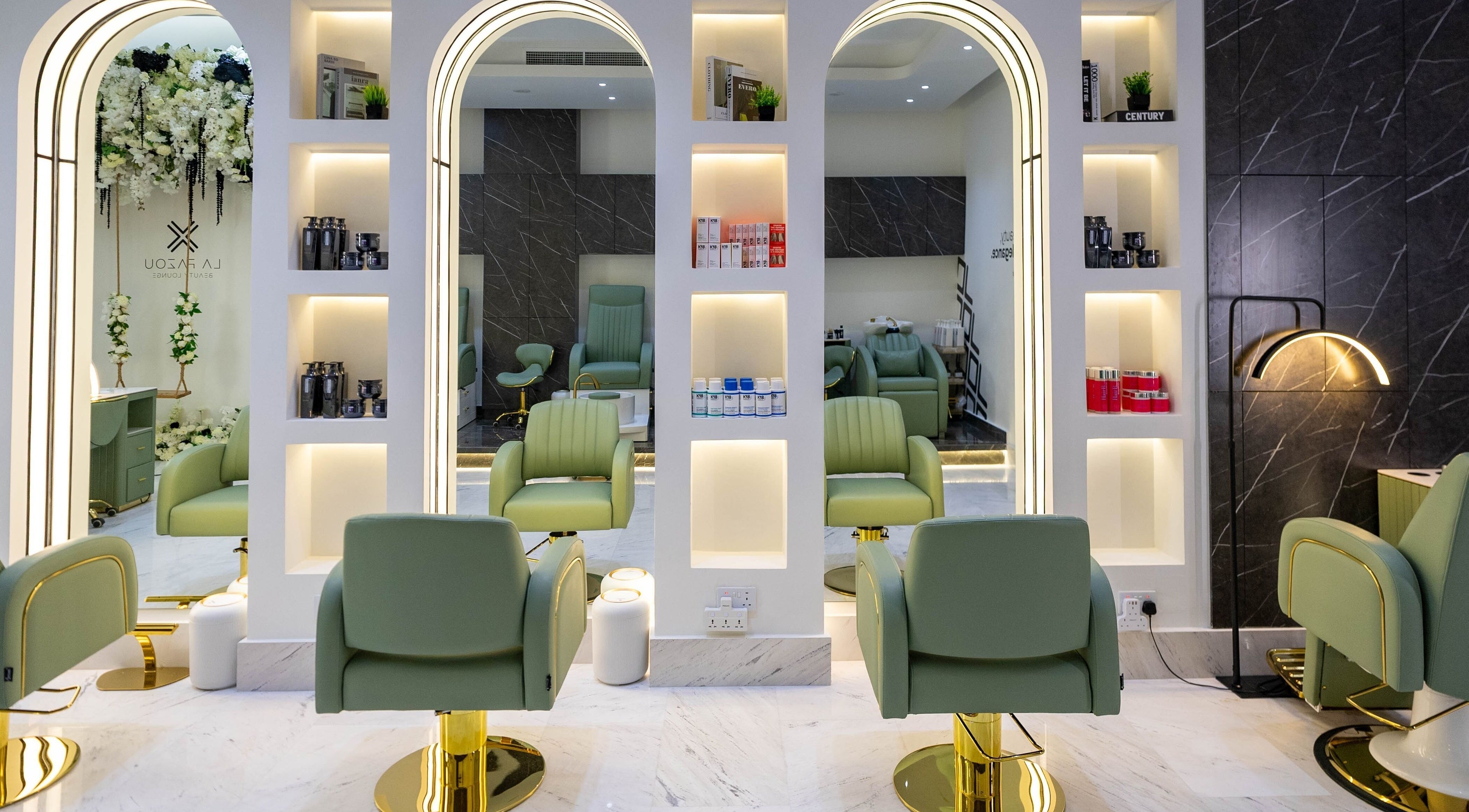Luxurious interior of La Fazou Beauty Lounge in Dubai, Dubai, AE, showcasing stylish chairs and modern decor.
