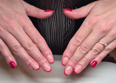 Beautiful nail art at Nails with Love, featuring red and nude tones. Located in Willenhall, England, GB.
