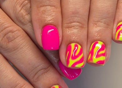 Neon pink and yellow nail art at Nails with Love, Willenhall, England, GB.