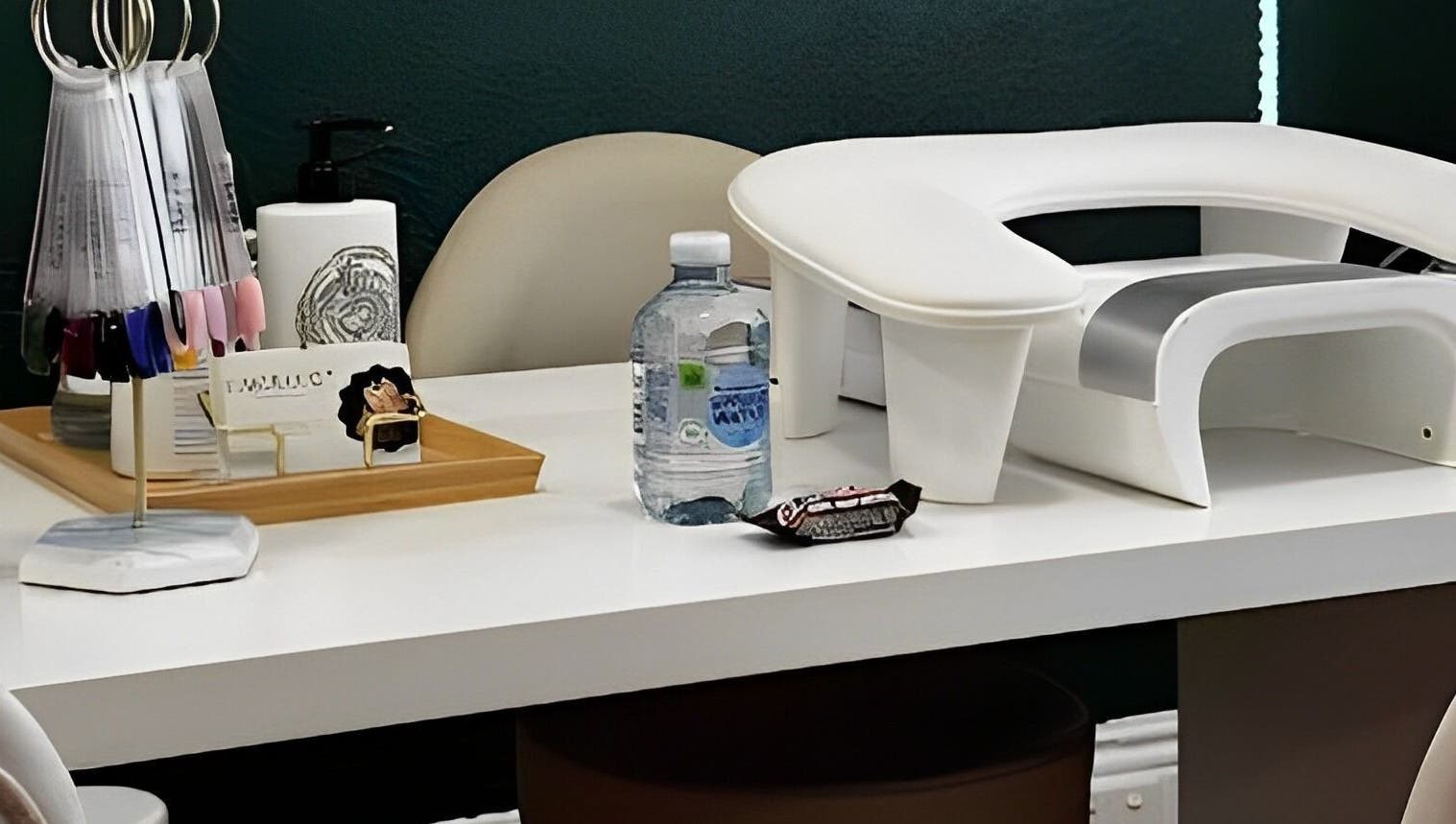 Nail station at Fabulous Nails, Melbourne, Victoria, AU showcasing manicure tools and polish palette.