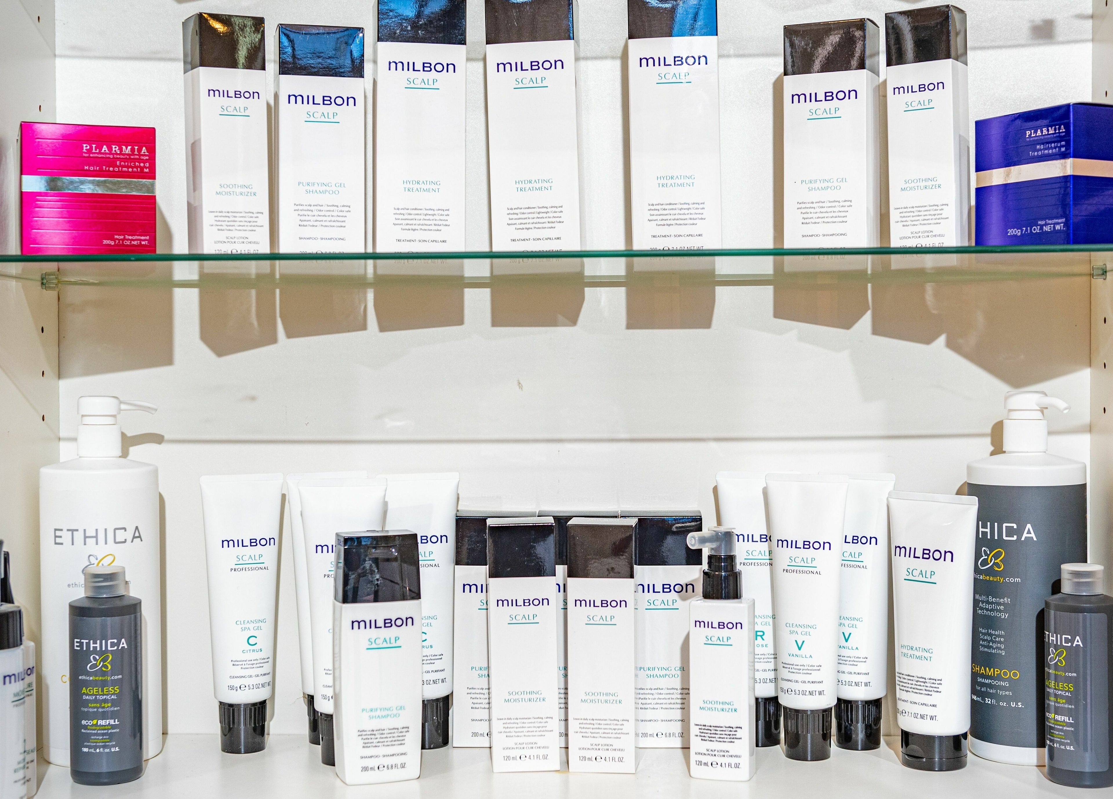 Display of premium hair care products at Siyu Hair SPA, Henderson, Nevada, US.