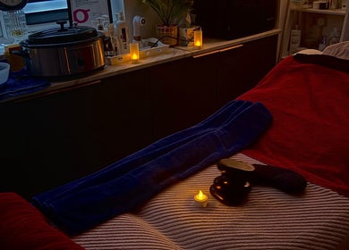 Relaxing massage table setup at Namaste Swindon Beauty Services by Reema in Swindon, England, GB.