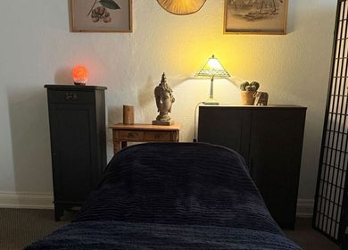 Tranquil massage room at The Reflexology Co - Crewkerne (Church Street Wellness), Crewkerne, England, GB.