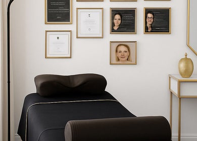 Modern treatment room at Lash Eyelashes, Southampton, England, GB with a sleek black bed and gold decor.