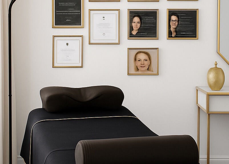 Elegant treatment room at Lash Eyelashes, Southampton, England, GB with certificates on wall.