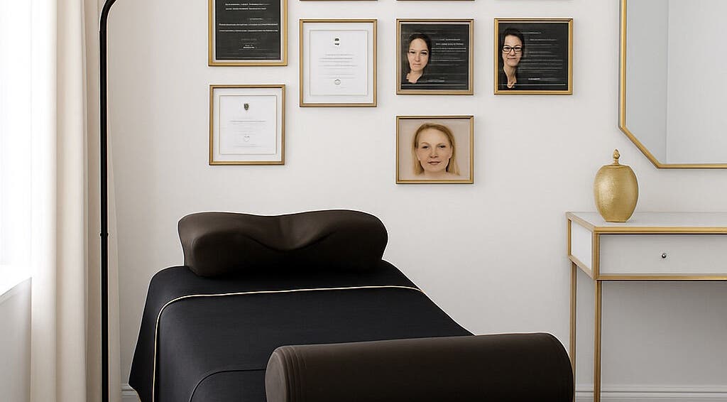 Elegant treatment room at Lash Eyelashes, Southampton, England, GB with certificates on wall.