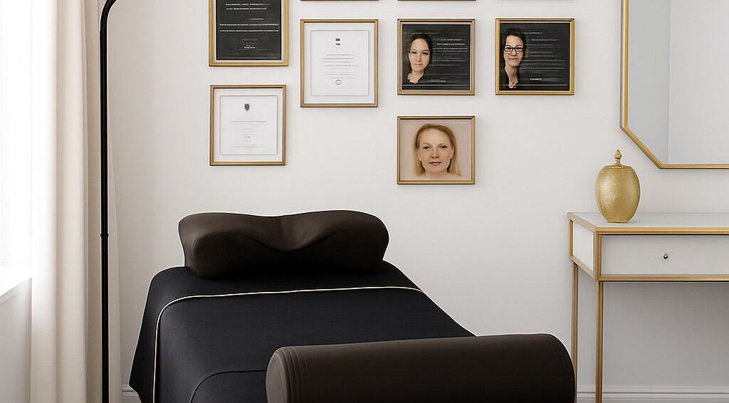 Elegant treatment room at Lash Eyelashes, Southampton, England, GB with certificates on wall.