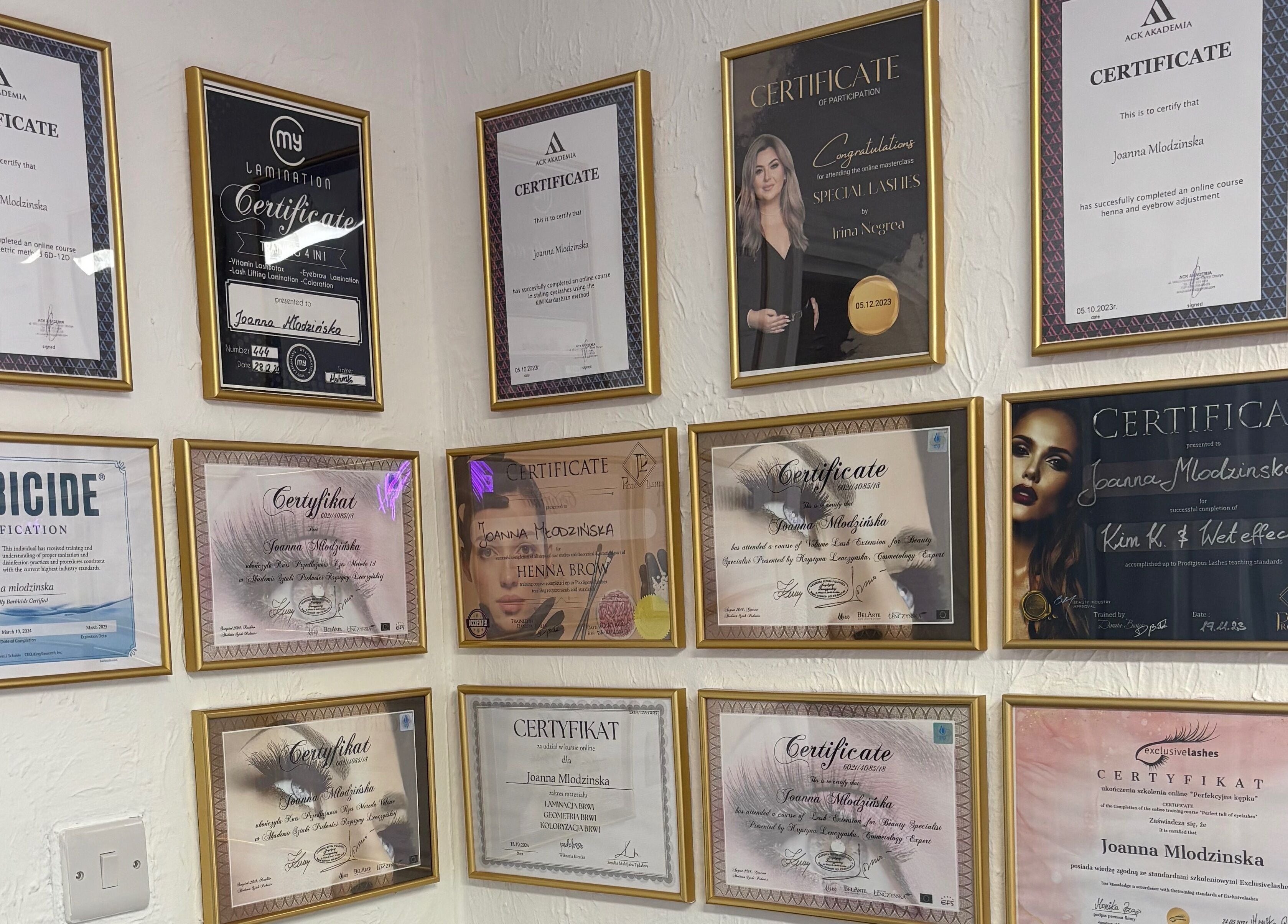 Certification wall at Lash Eyelashes, Southampton, England, GB showcasing beauty and wellness accolades.