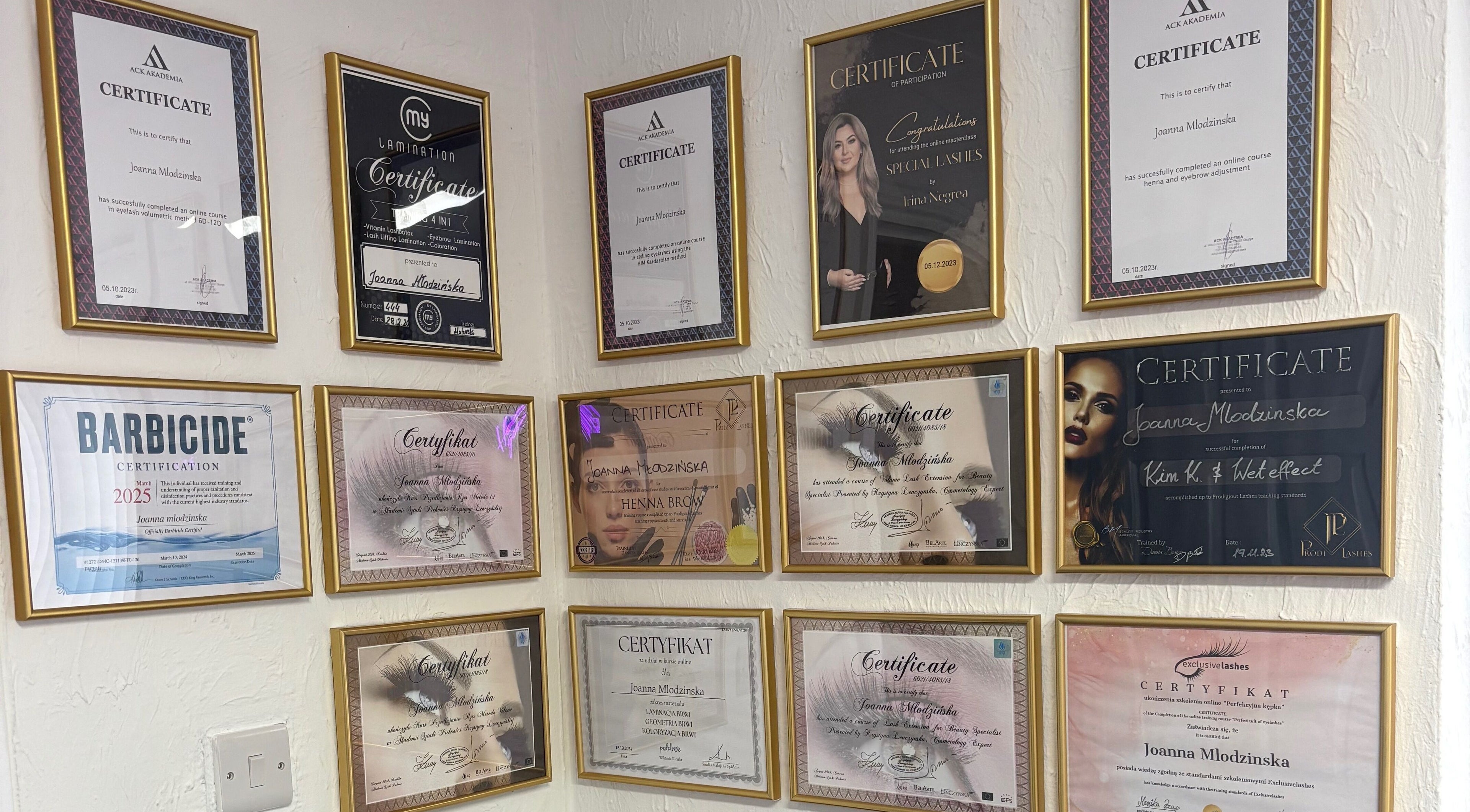 Certification wall at Lash Eyelashes, Southampton, England, GB showcasing beauty and wellness accolades.
