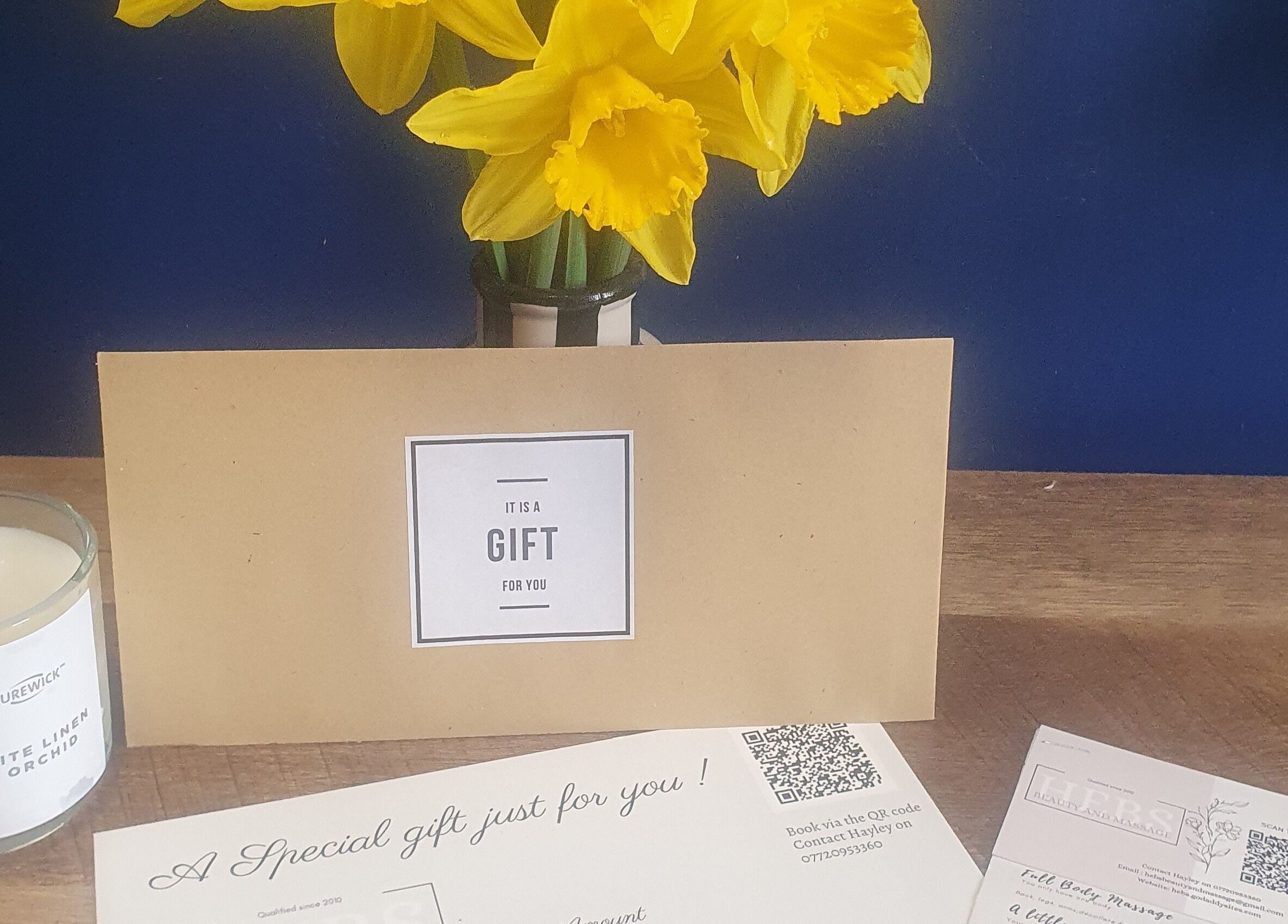 Gift card with candle and daffodils at HEBS - Forden, Welshpool, Kingswood, Forden, Wales, GB.
