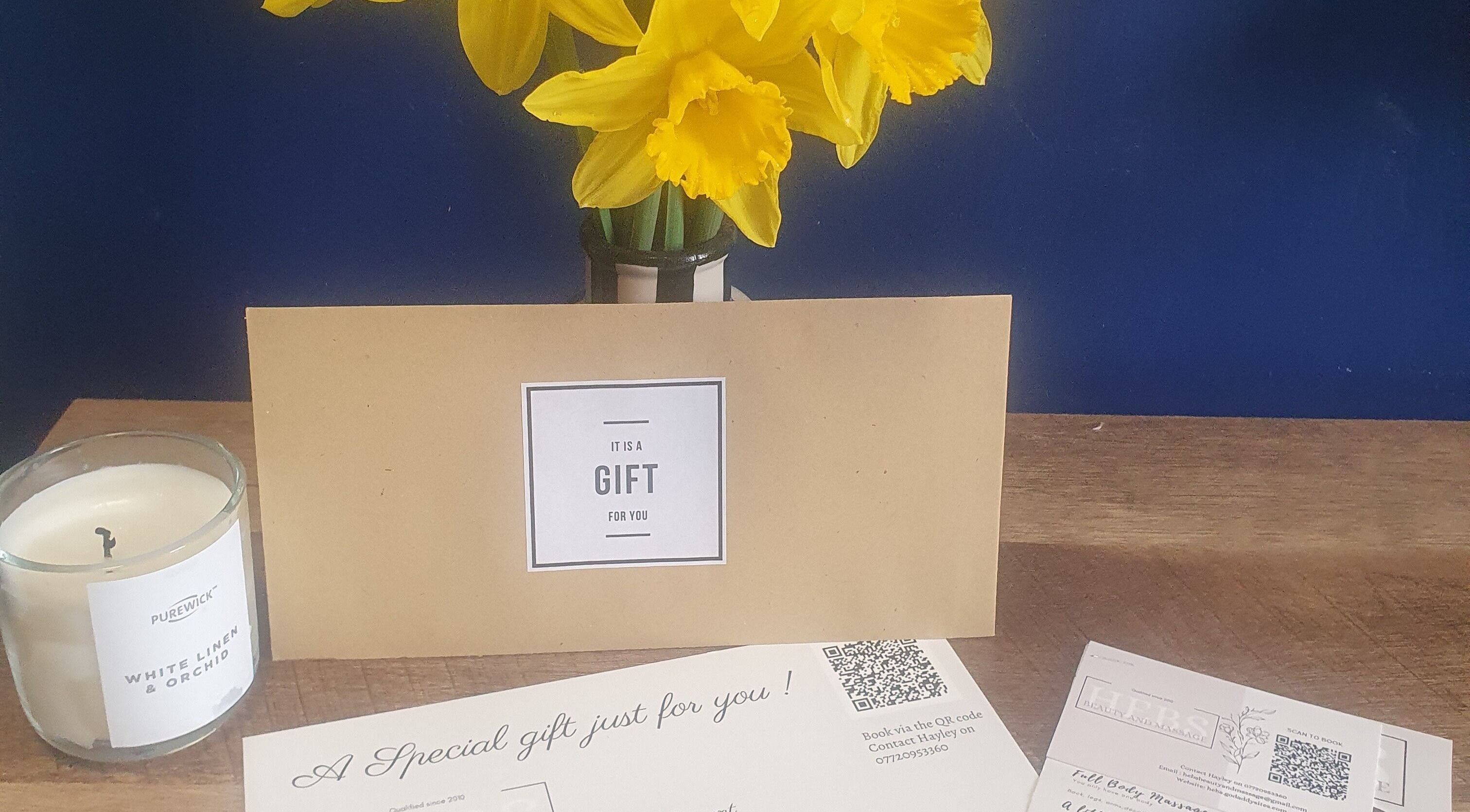 Gift card with candle and daffodils at HEBS - Forden, Welshpool, Kingswood, Forden, Wales, GB.