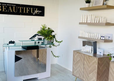 Elegant reception at Beautiful You Spa & Lash Boutique, Tillsonburg, Ontario, CA with chic decor and products.