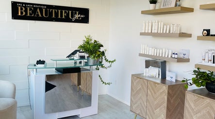 Elegant reception at Beautiful You Spa & Lash Boutique, Tillsonburg, Ontario, CA with chic decor and products.