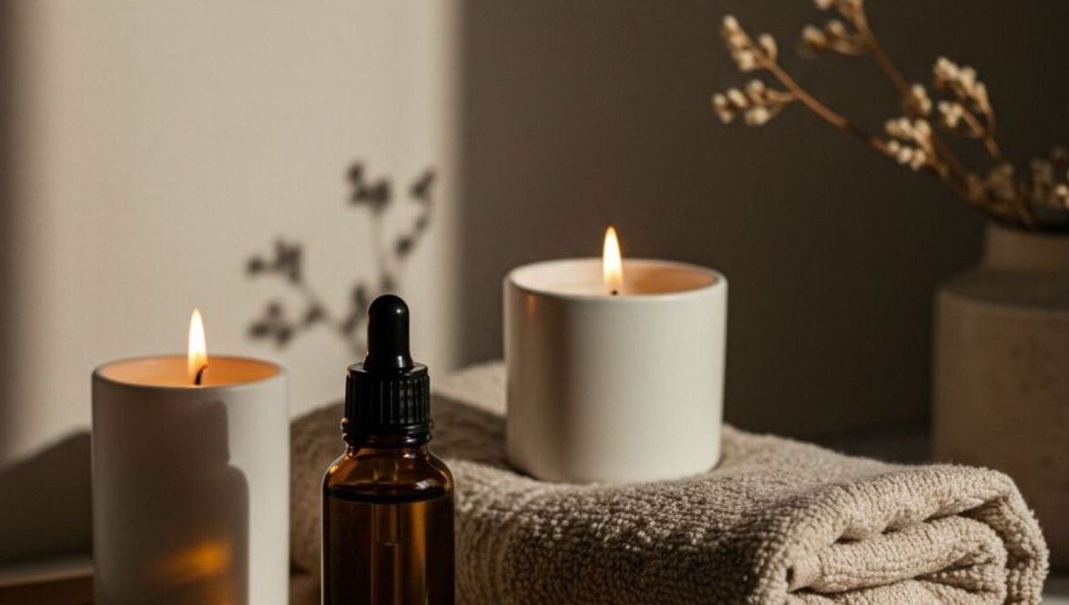 Relaxing spa setup at OnLocation - Verve Aspen Woods in Calgary, Alberta, CA with candles and essential oils.