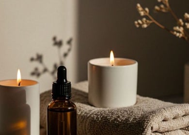 Relaxing spa setup at OnLocation - Verve Aspen Woods in Calgary, Alberta, CA with candles and essential oils.