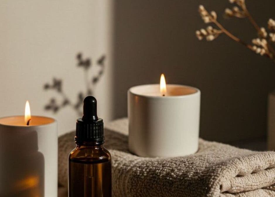 Relaxing spa setup at OnLocation - Verve Aspen Woods in Calgary, Alberta, CA with candles and essential oils.